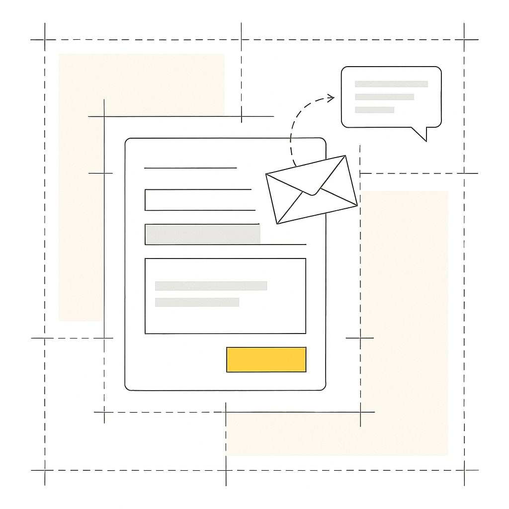 Wireframe of a contact form with an orange send button, an envelope flying from it along a dashed line to a reply bubble