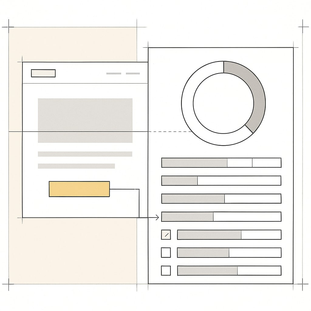 Wireframe of an audit report beside a landing page: a score ring and eight check rows with bars, one row linked to the page's orange call to action