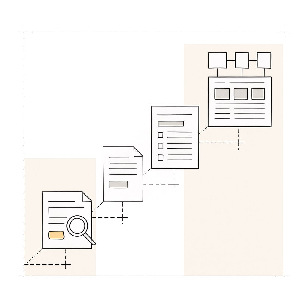 Four wireframe steps rising like a staircase: a page under a magnifying glass, a short report, a detailed checklist, and a whole site of connected pages