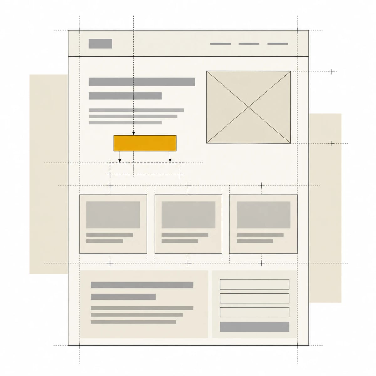 Wireframe of a landing page being rebuilt: guide lines and arrows set the orange call to action button into its correct place below the headline, above a row of three feature cards and a form
