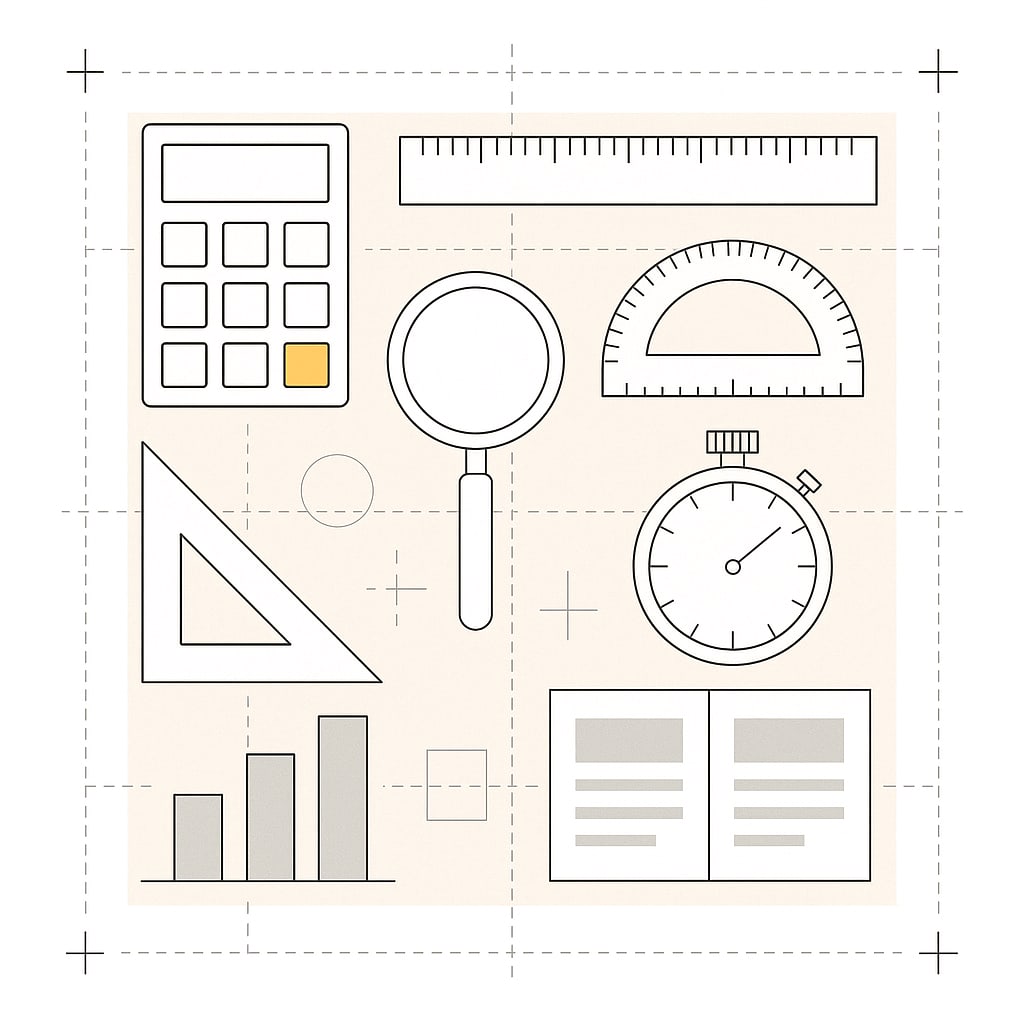 Wireframe drawing of measuring tools laid out on a grid: a calculator with an orange key, a ruler, a protractor, a set square, a magnifying glass, a stopwatch, a bar chart and two page versions side by side
