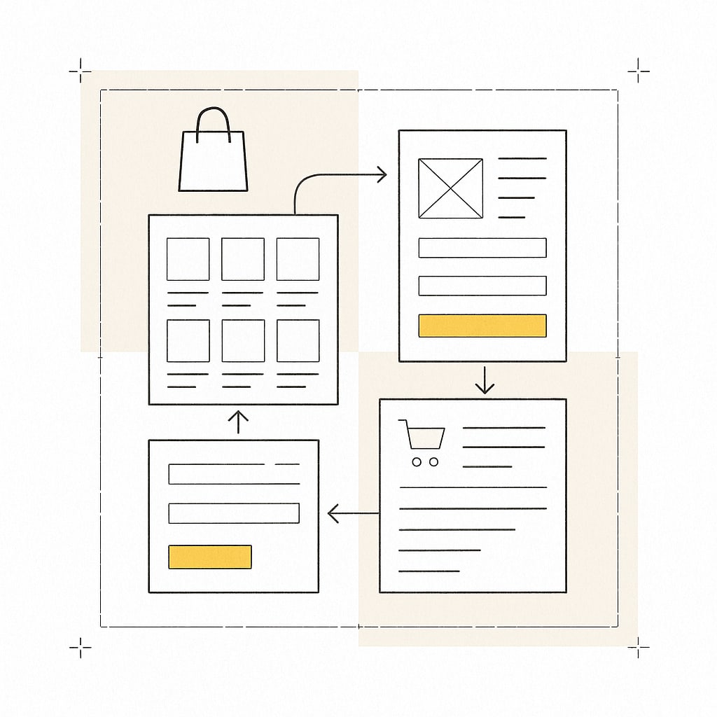 Wireframe of a shopping journey in a loop: a category grid, a product page, a cart and a checkout form with an orange pay button
