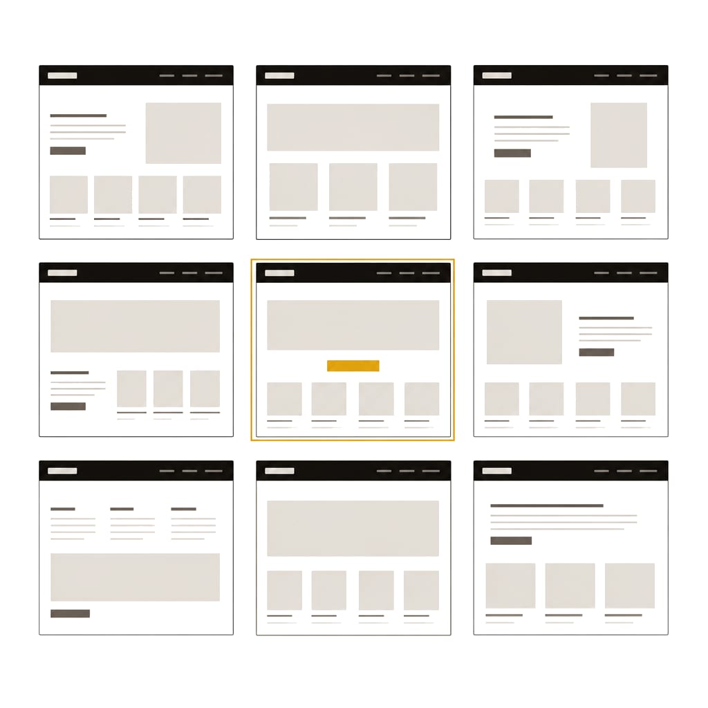 A grid of nine storefront wireframes, one of them framed in orange