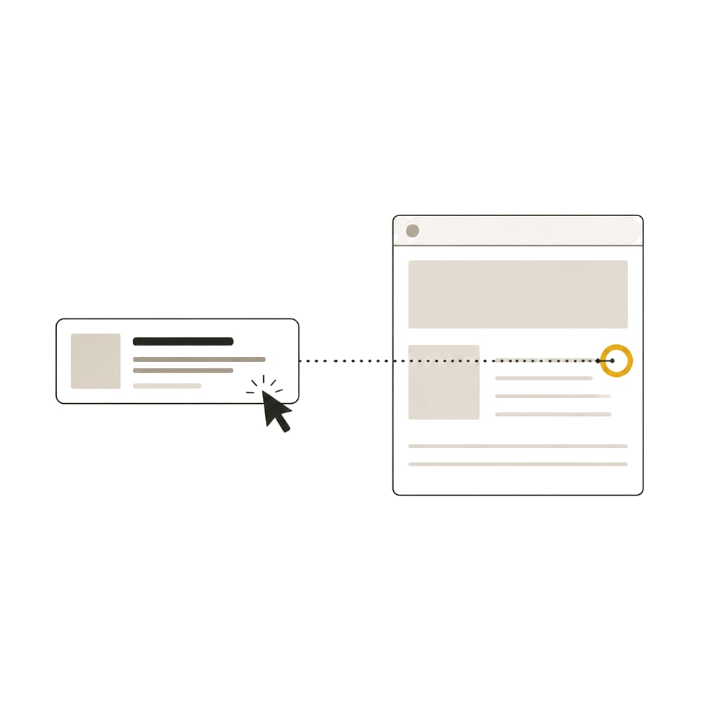 A search result being clicked, with a dotted line to a web page ending in an empty orange target