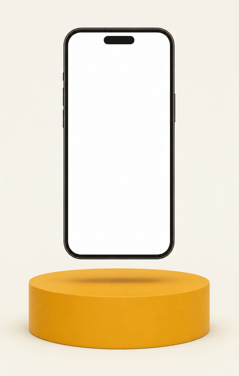 A phone floating above a marigold pedestal, showing an example Convertica audit: the page is scanned, eight checks are scored and an overall score appears