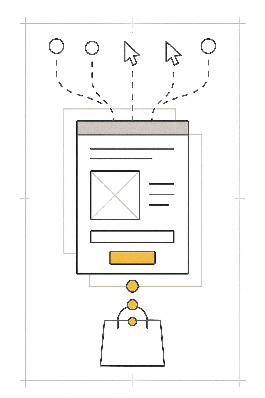 Wireframe of a landing page with visitors and AI agent cursors flowing in from the top and leaving as customers into a shopping bag below