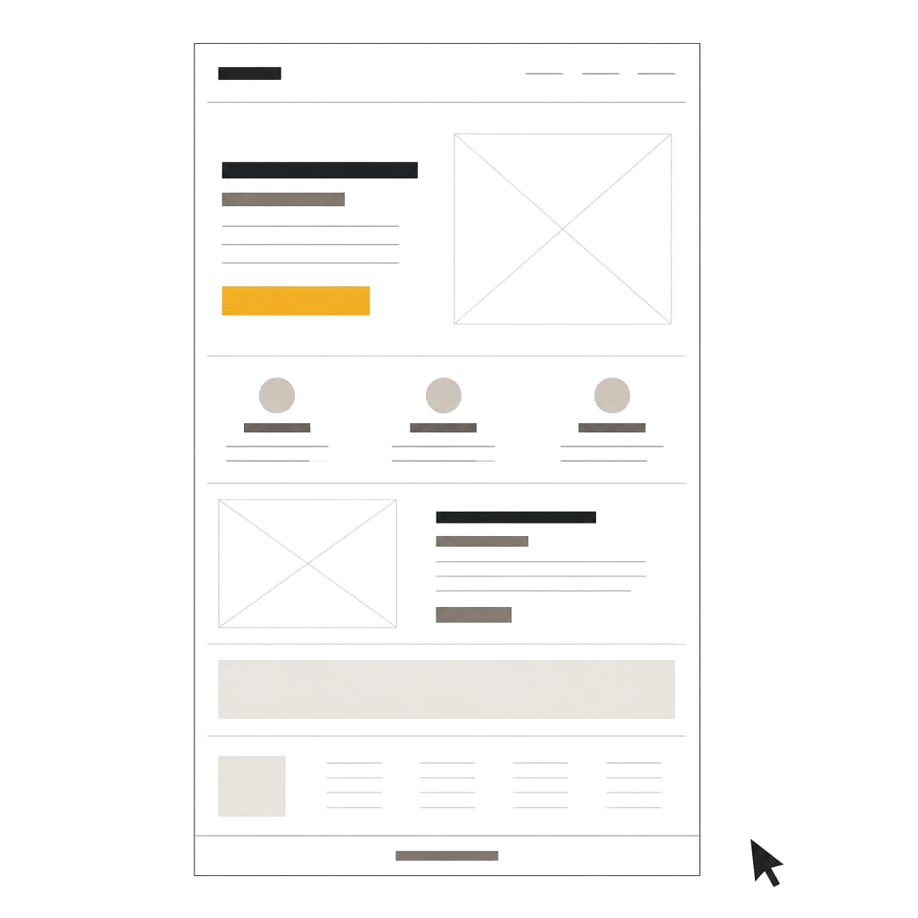 A landing page wireframe with an orange button and a cursor moving away from it