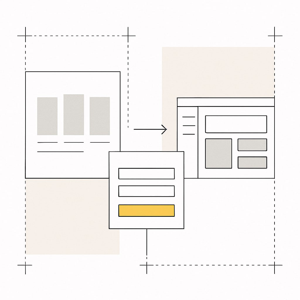 Wireframe of a software signup path: a plans page, a short signup form with an orange button, and an app dashboard