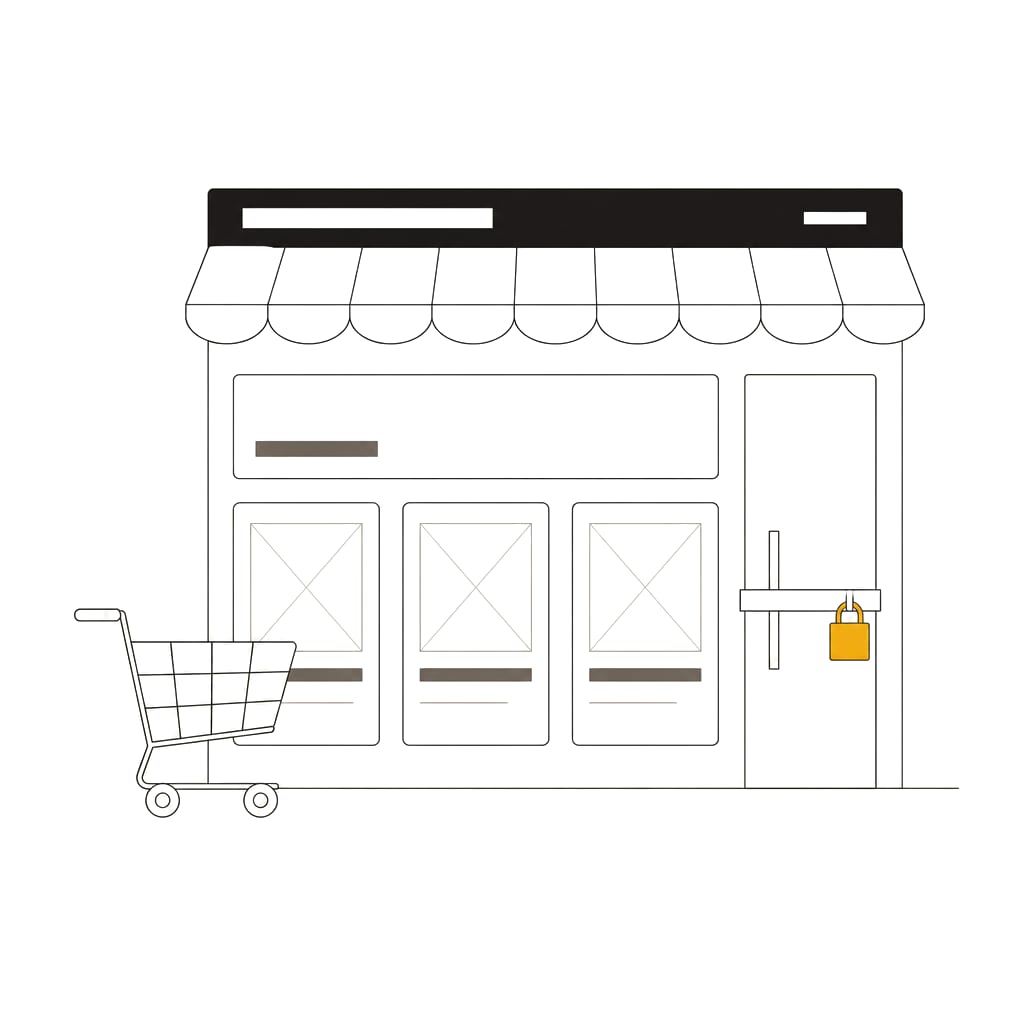 A storefront wireframe with an empty cart and an orange padlock