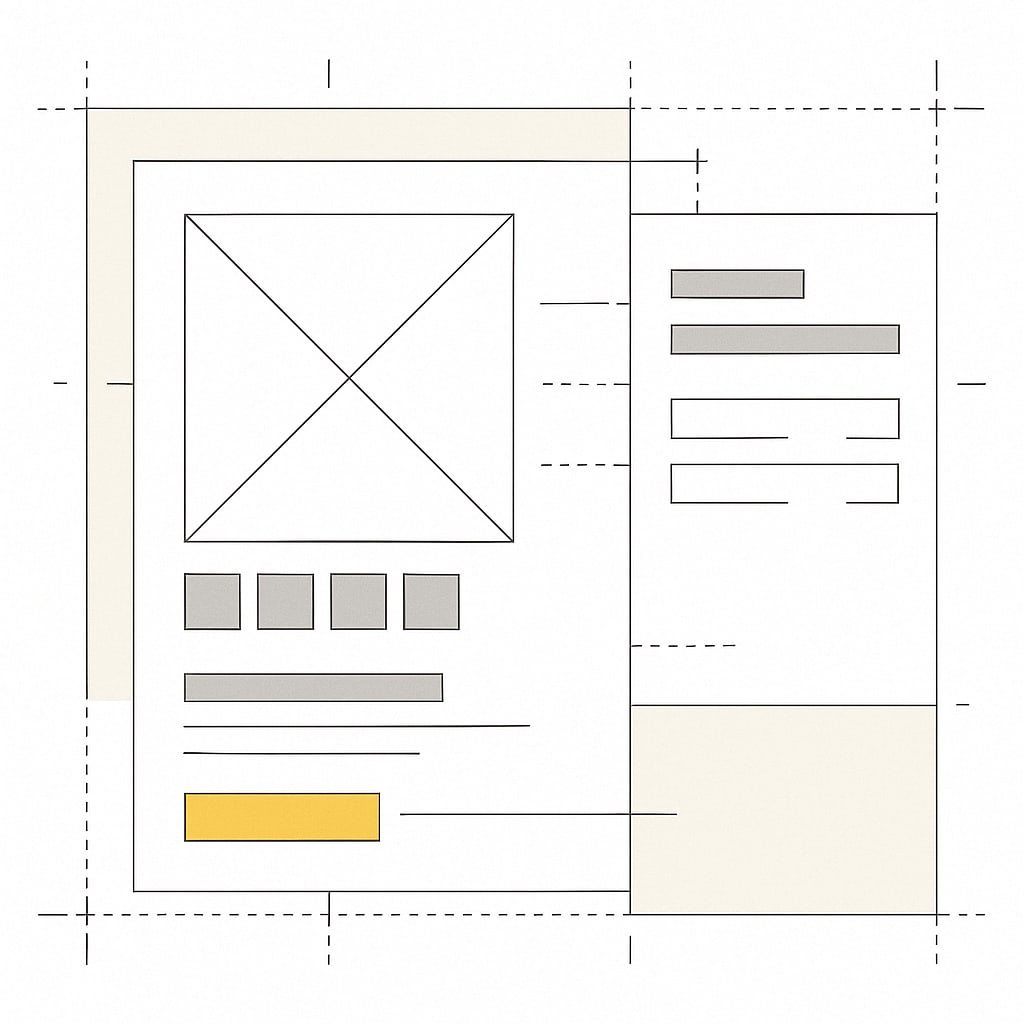 Wireframe of an online store product page with an orange add to cart button and a cart drawer sliding in beside it