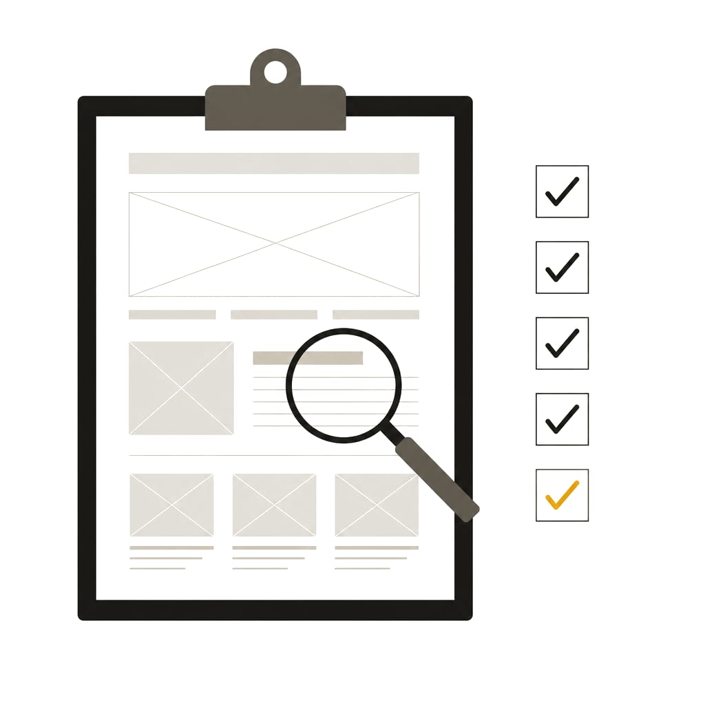 A web page wireframe on a clipboard under a magnifying glass, beside a ticked checklist