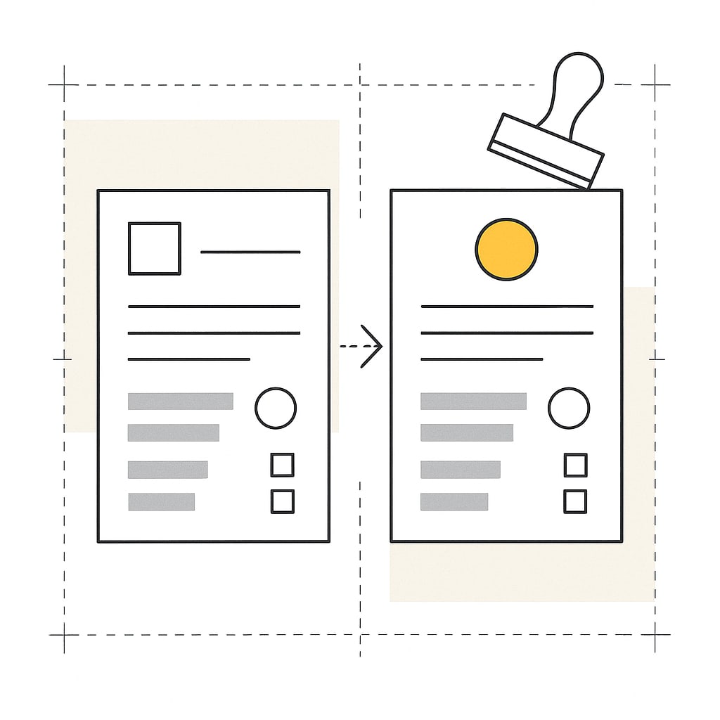 Two identical audit reports side by side, the second with an orange round logo in place of the square one and a stamp above it