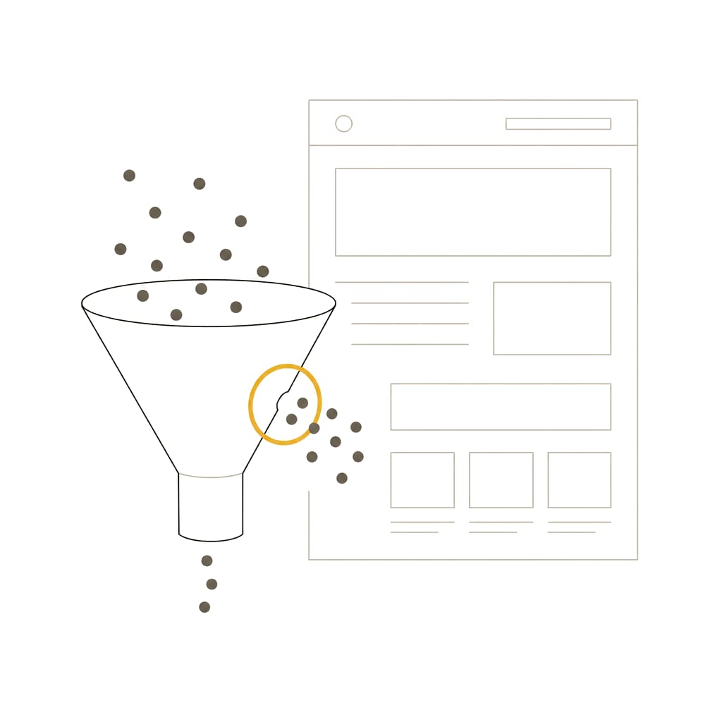 A funnel losing dots through a gap in its side, the gap circled in orange